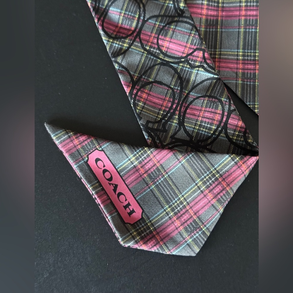 Coach Pink and Gray Silk Bag Scarf with Optic C Plaid pattern Y2K vintage - Picture 2 of 5